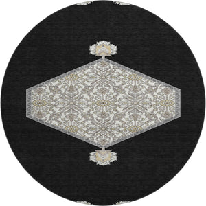 HomeRoots 8' Elegant Black Ivory & Gold Oriental Washable Round Rug with Stain Resistance & UV Protection 679333