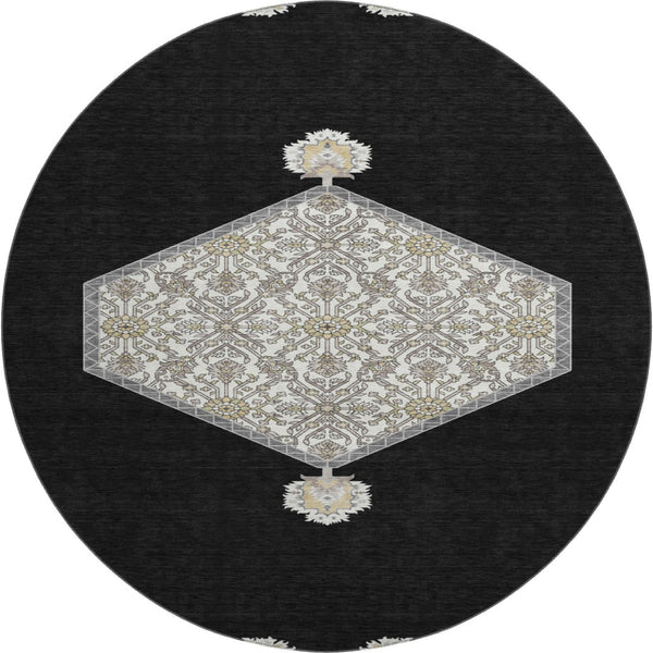 HomeRoots 8' Elegant Black Ivory & Gold Oriental Washable Round Rug with Stain Resistance & UV Protection 679333