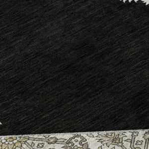 HomeRoots 8' Elegant Black Ivory & Gold Oriental Washable Round Rug with Stain Resistance & UV Protection 679333