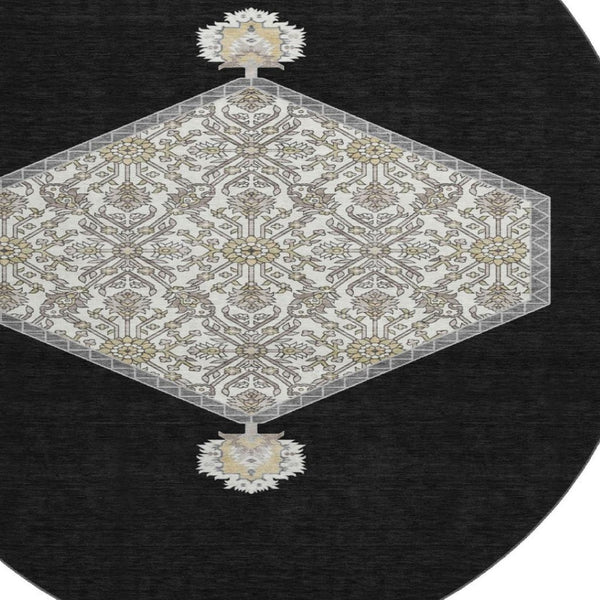 HomeRoots 8' Elegant Black Ivory & Gold Oriental Washable Round Rug with Stain Resistance & UV Protection 679333