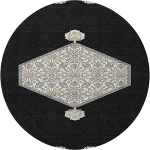 HomeRoots 8' Elegant Black Ivory & Gold Oriental Washable Round Rug with Stain Resistance & UV Protection 679333