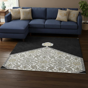 HomeRoots 8' X 10' Washable Black Ivory Gold Oriental Area Rug with UV Protection for Busy Homes & Elegance 679334
