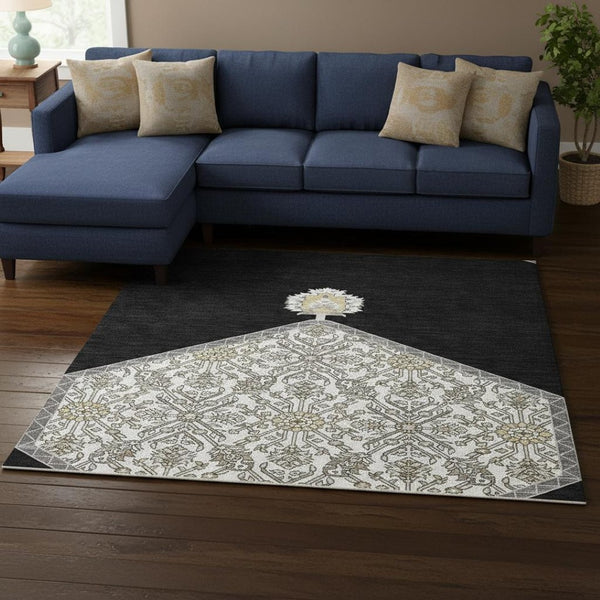 HomeRoots 8' X 10' Washable Black Ivory Gold Oriental Area Rug with UV Protection for Busy Homes & Elegance 679334