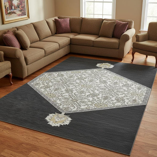 HomeRoots 9' X 12' Washable Black Ivory Gold Oriental Area Rug - UV Protection, Stain Resistant & Stylish Design 679335