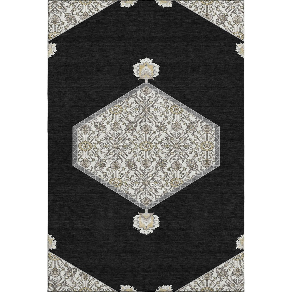HomeRoots 9' X 12' Washable Black Ivory Gold Oriental Area Rug - UV Protection, Stain Resistant & Stylish Design 679335