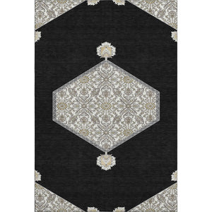 HomeRoots 9' X 12' Washable Black Ivory Gold Oriental Area Rug - UV Protection, Stain Resistant & Stylish Design 679335