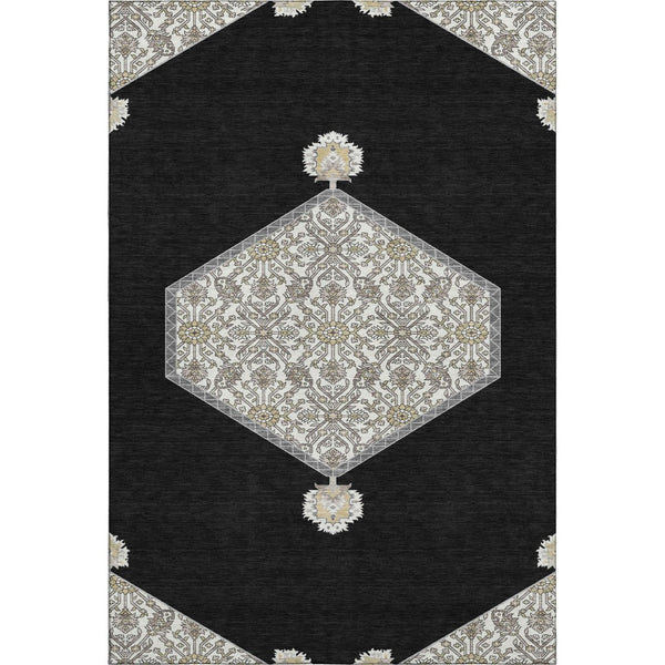 HomeRoots 9' X 12' Washable Black Ivory Gold Oriental Area Rug - UV Protection, Stain Resistant & Stylish Design 679335
