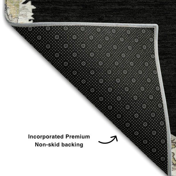 HomeRoots 9' X 12' Washable Black Ivory Gold Oriental Area Rug - UV Protection, Stain Resistant & Stylish Design 679335