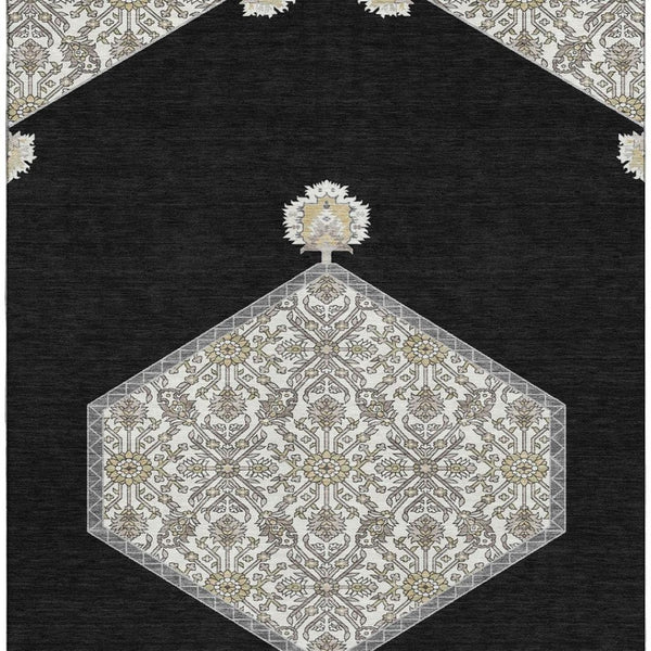 HomeRoots 9' X 12' Washable Black Ivory Gold Oriental Area Rug - UV Protection, Stain Resistant & Stylish Design 679335