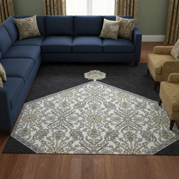 HomeRoots 10' X 14' Elegant Black, Ivory & Gold Oriental Washable Area Rug with UV Protection for Homes 679336