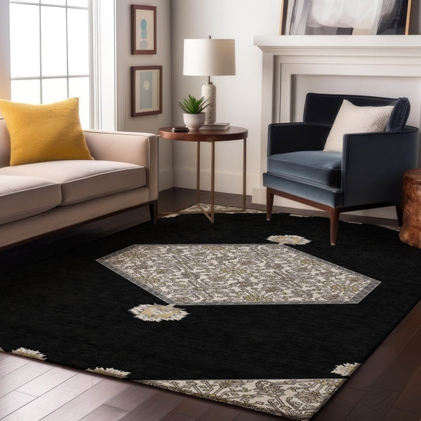 HomeRoots 10' X 14' Elegant Black, Ivory & Gold Oriental Washable Area Rug with UV Protection for Homes 679336
