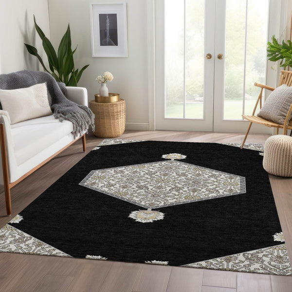 HomeRoots 10' X 14' Elegant Black, Ivory & Gold Oriental Washable Area Rug with UV Protection for Homes 679336