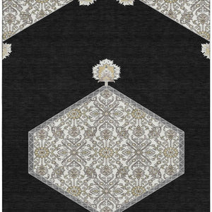 HomeRoots 10' X 14' Elegant Black, Ivory & Gold Oriental Washable Area Rug with UV Protection for Homes 679336