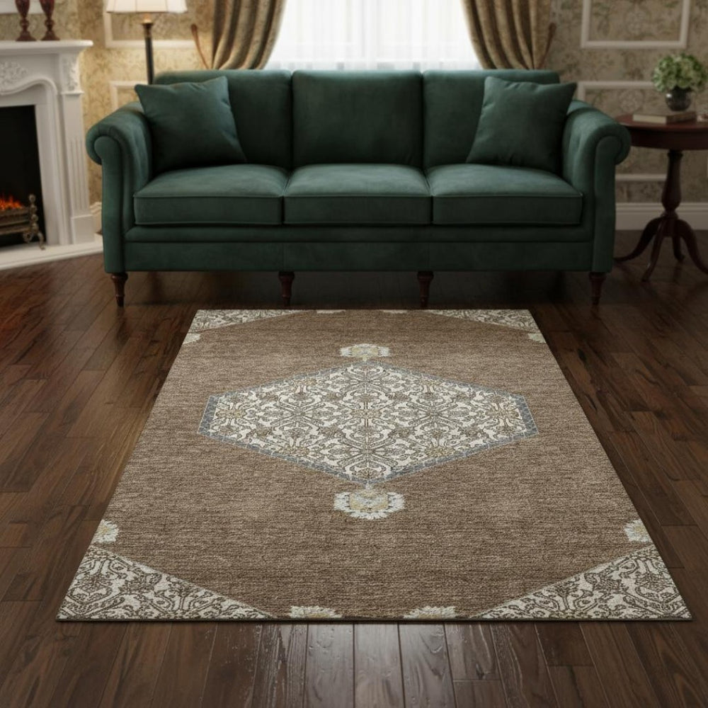 HomeRoots 5' X 8' Washable Oriental Area Rug in Brown, Beige, Gray - Stylish, Durable, UV Protected & Easy Care 679338