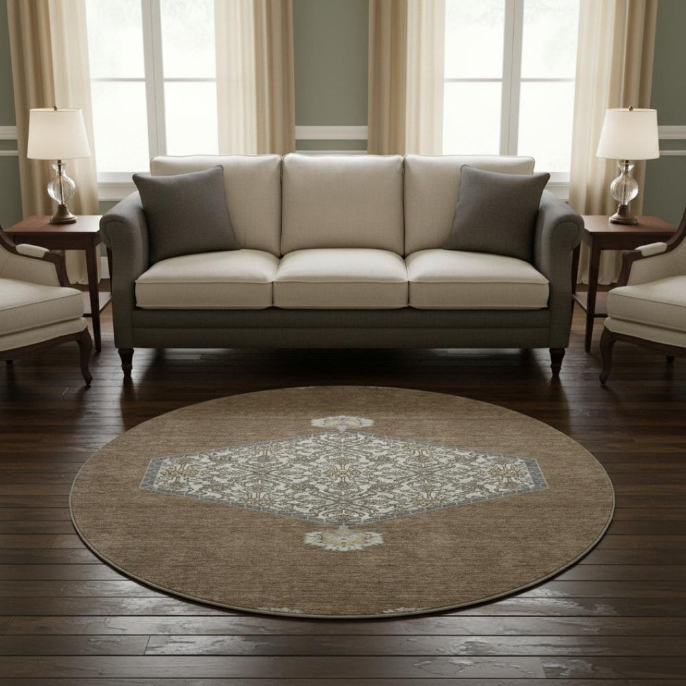 HomeRoots 8' Brown Beige and Gray Oriental Washable Round Rug - Durable, UV Protected, and Easy Care Design! 679339