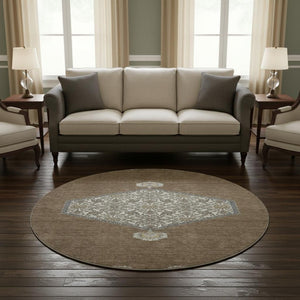 HomeRoots 8' Brown Beige and Gray Oriental Washable Round Rug - Durable, UV Protected, and Easy Care Design! 679339