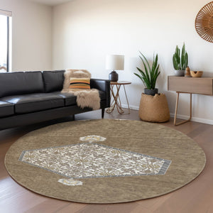 HomeRoots 8' Brown Beige and Gray Oriental Washable Round Rug - Durable, UV Protected, and Easy Care Design! 679339