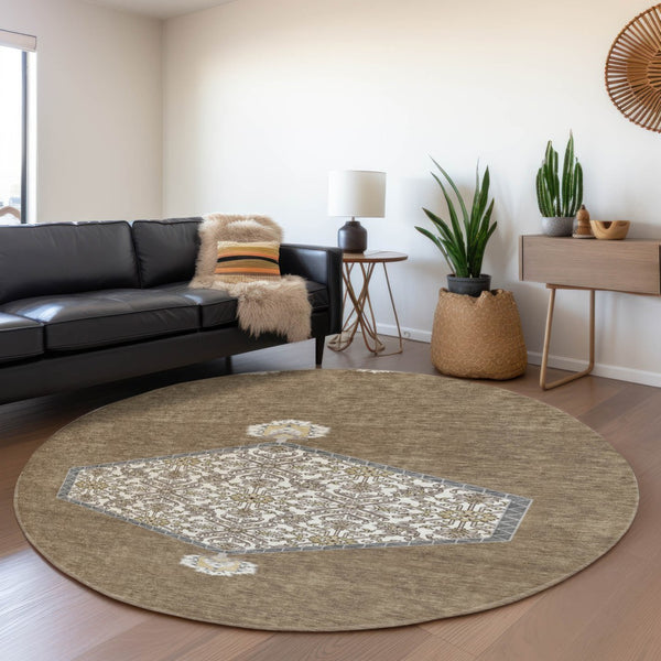 HomeRoots 8' Brown Beige and Gray Oriental Washable Round Rug - Durable, UV Protected, and Easy Care Design! 679339