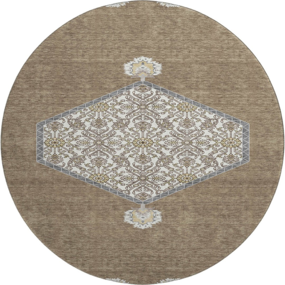 HomeRoots 8' Brown Beige and Gray Oriental Washable Round Rug - Durable, UV Protected, and Easy Care Design! 679339