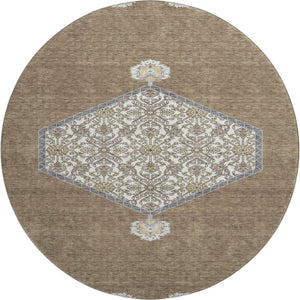 HomeRoots 8' Brown Beige and Gray Oriental Washable Round Rug - Durable, UV Protected, and Easy Care Design! 679339