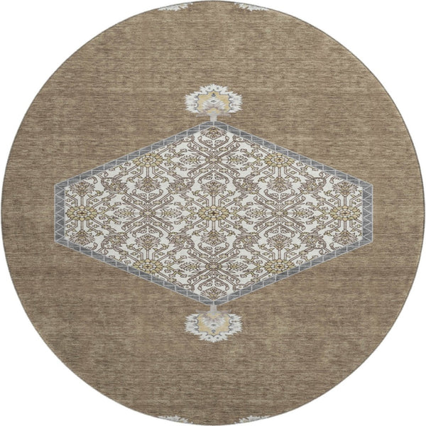 HomeRoots 8' Brown Beige and Gray Oriental Washable Round Rug - Durable, UV Protected, and Easy Care Design! 679339