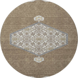 HomeRoots 8' Brown Beige and Gray Oriental Washable Round Rug - Durable, UV Protected, and Easy Care Design! 679339
