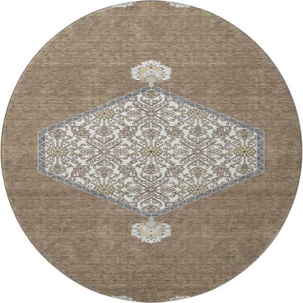 HomeRoots 8' Brown Beige and Gray Oriental Washable Round Rug - Durable, UV Protected, and Easy Care Design! 679339