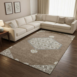 HomeRoots 8' X 10' Brown Beige Gray Oriental Washable Area Rug - Durable, Stylish, UV-Resistant for Homes 679340