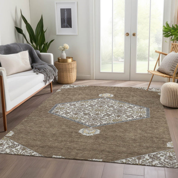 HomeRoots 8' X 10' Brown Beige Gray Oriental Washable Area Rug - Durable, Stylish, UV-Resistant for Homes 679340