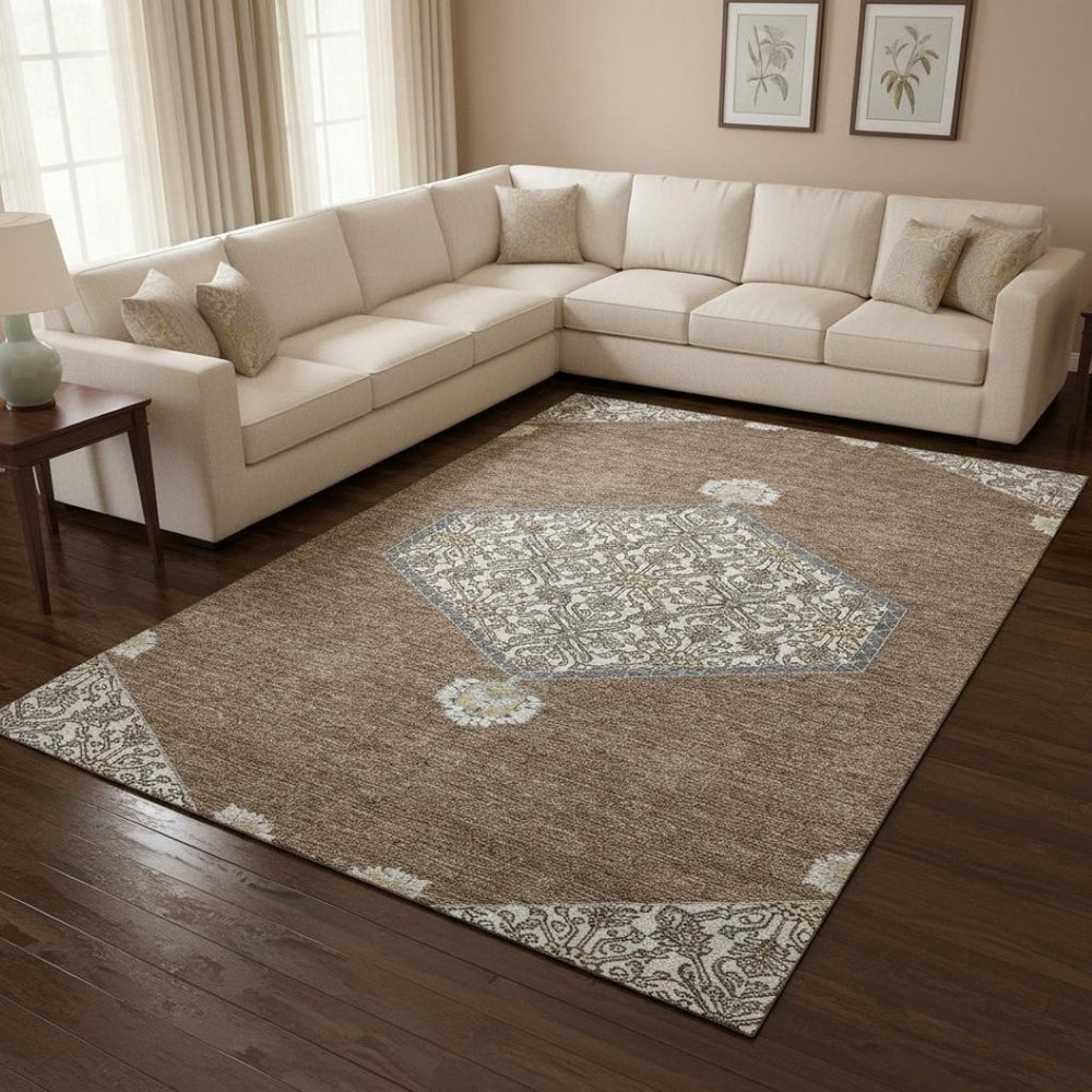 HomeRoots 9' X 12' Brown Beige and Gray Oriental Area Rug - Durable, Washable, UV-Protected for High-Traffic Homes 679341