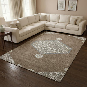 HomeRoots 9' X 12' Brown Beige and Gray Oriental Area Rug - Durable, Washable, UV-Protected for High-Traffic Homes 679341