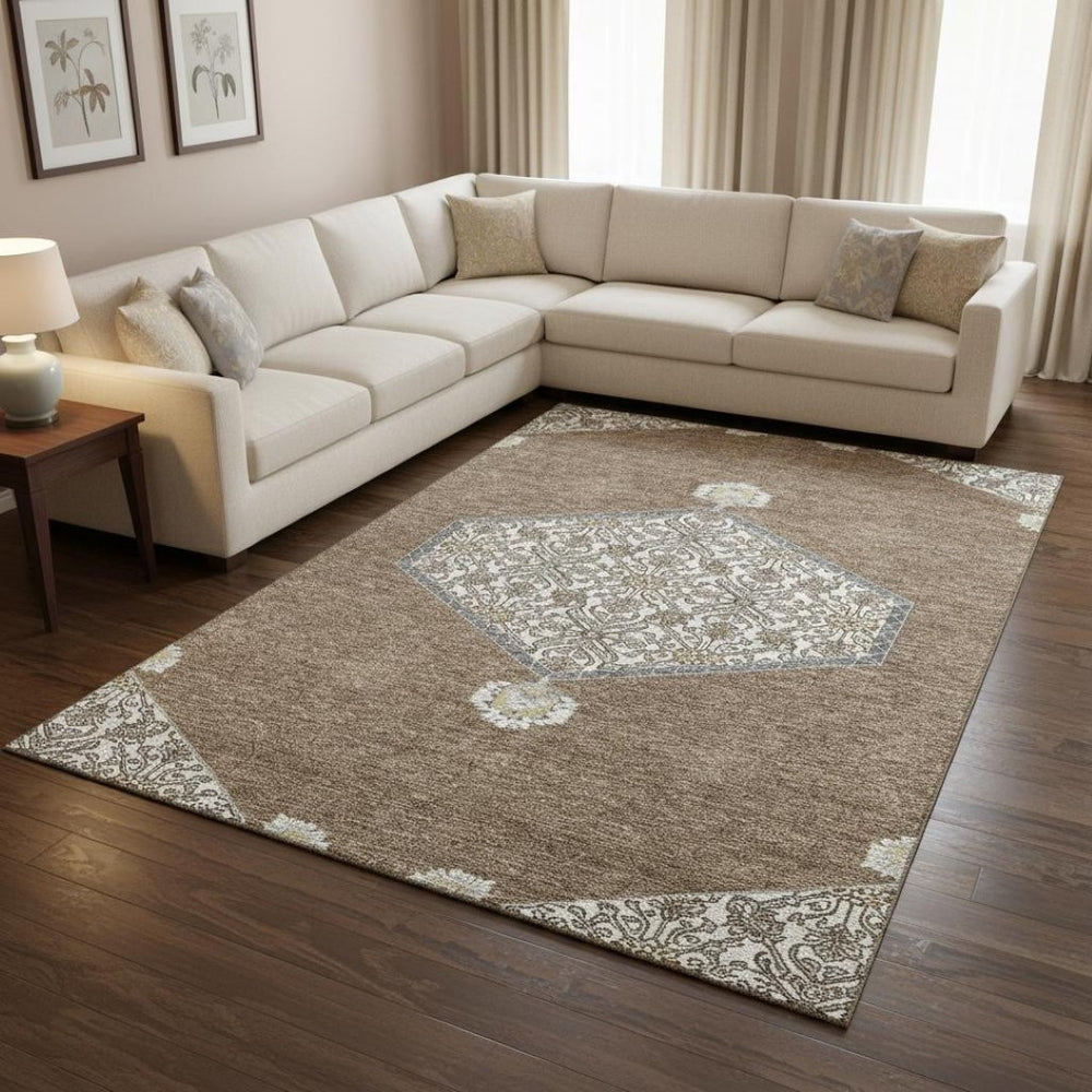 HomeRoots 10' Washable Brown Beige and Gray Oriental Area Rug with UV Protection for Family-Friendly Spaces 679342