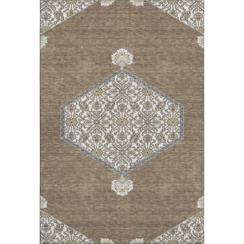 HomeRoots 10' Washable Brown Beige and Gray Oriental Area Rug with UV Protection for Family-Friendly Spaces 679342