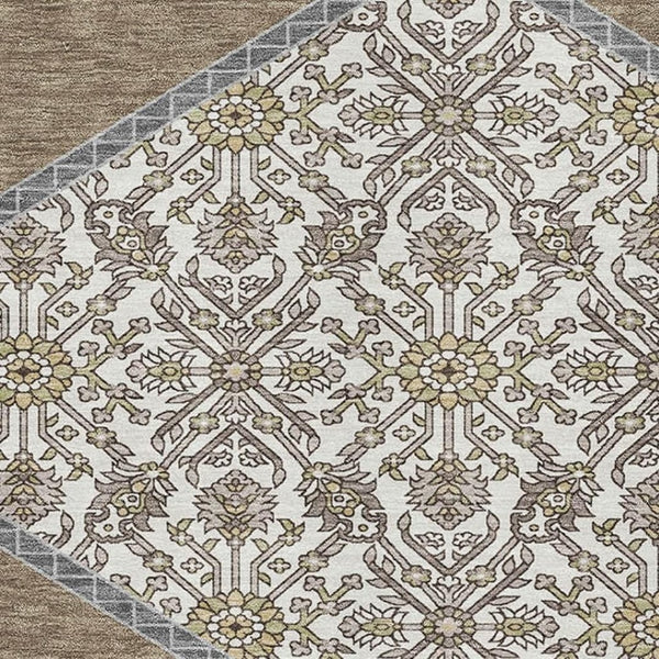 HomeRoots 10' Washable Brown Beige and Gray Oriental Area Rug with UV Protection for Family-Friendly Spaces 679342