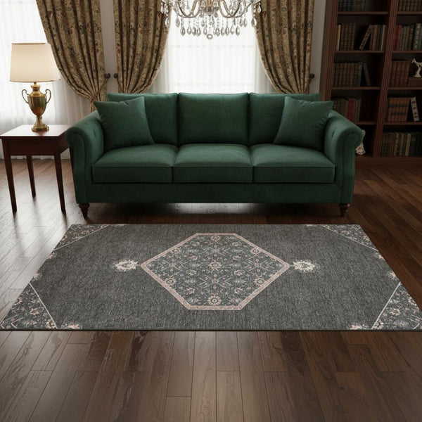 HomeRoots 5' X 8' Charcoal Gray & Ivory Oriental Area Rug - UV Protected, Stain Resistant, Durable Design 679344