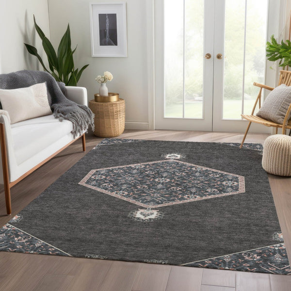 HomeRoots 5' X 8' Charcoal Gray & Ivory Oriental Area Rug - UV Protected, Stain Resistant, Durable Design 679344