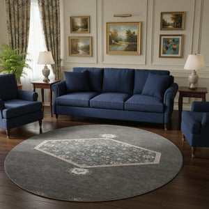 HomeRoots 8' Charcoal Gray & Ivory Oriental Round Rug - Durable, Washable, UV-Protected for High-Traffic Areas 679345