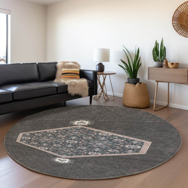 HomeRoots 8' Charcoal Gray & Ivory Oriental Round Rug - Durable, Washable, UV-Protected for High-Traffic Areas 679345