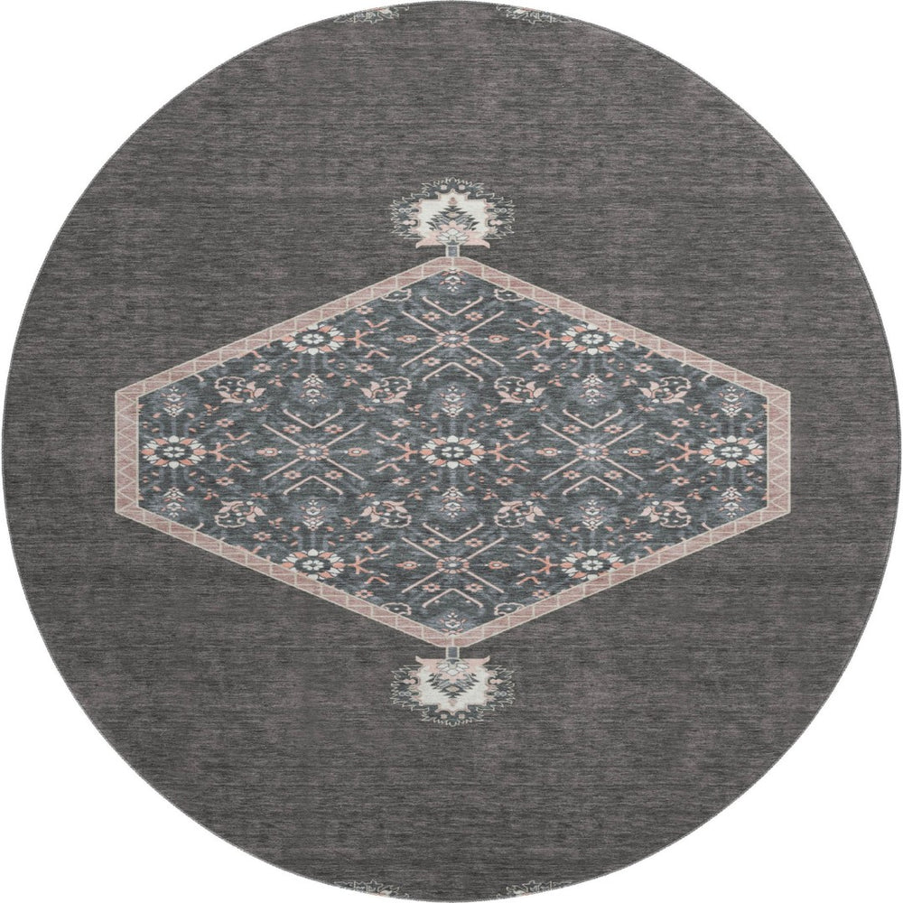 HomeRoots 8' Charcoal Gray & Ivory Oriental Round Rug - Durable, Washable, UV-Protected for High-Traffic Areas 679345