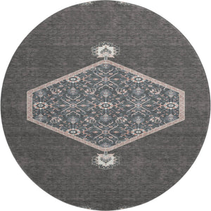 HomeRoots 8' Charcoal Gray & Ivory Oriental Round Rug - Durable, Washable, UV-Protected for High-Traffic Areas 679345