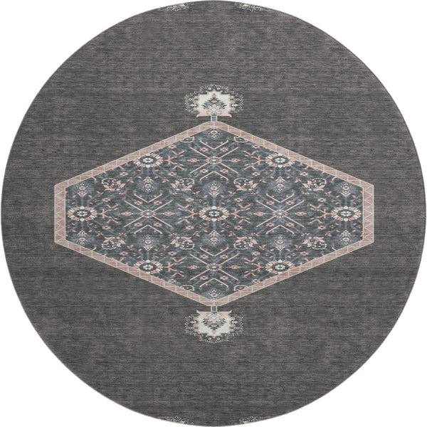 HomeRoots 8' Charcoal Gray & Ivory Oriental Round Rug - Durable, Washable, UV-Protected for High-Traffic Areas 679345