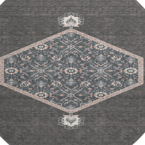 HomeRoots 8' Charcoal Gray & Ivory Oriental Round Rug - Durable, Washable, UV-Protected for High-Traffic Areas 679345