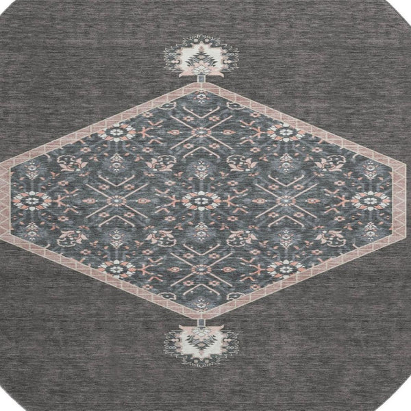 HomeRoots 8' Charcoal Gray & Ivory Oriental Round Rug - Durable, Washable, UV-Protected for High-Traffic Areas 679345