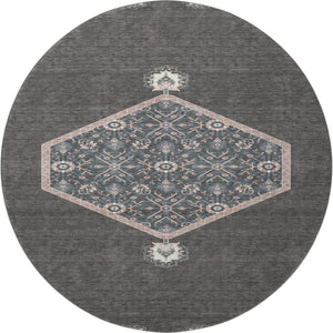 HomeRoots 8' Charcoal Gray & Ivory Oriental Round Rug - Durable, Washable, UV-Protected for High-Traffic Areas 679345