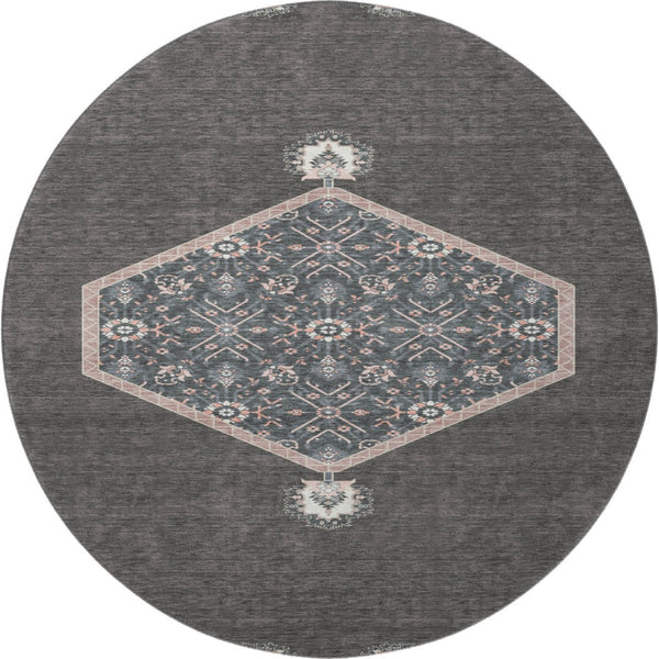 HomeRoots 8' Charcoal Gray & Ivory Oriental Round Rug - Durable, Washable, UV-Protected for High-Traffic Areas 679345