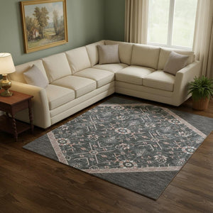 HomeRoots 8' X 10' Charcoal Gray & Ivory Oriental Area Rug – Durable, Washable, UV Protected for Every Home 679346