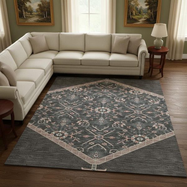 HomeRoots 9' X 12' Charcoal Gray & Ivory Oriental Area Rug - Stylish, Washable, UV Protected for High Traffic Spaces 679347