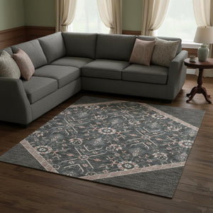 HomeRoots 10' Charcoal Gray & Ivory Oriental Washable Area Rug - Durable, Stain Resistant & UV Protected Design 679348