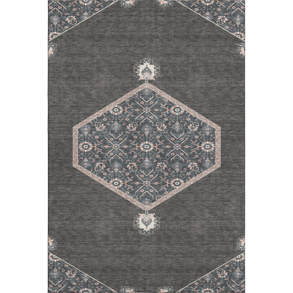 HomeRoots 10' Charcoal Gray & Ivory Oriental Washable Area Rug - Durable, Stain Resistant & UV Protected Design 679348