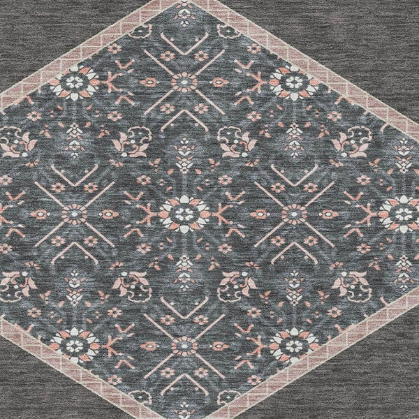 HomeRoots 10' Charcoal Gray & Ivory Oriental Washable Area Rug - Durable, Stain Resistant & UV Protected Design 679348